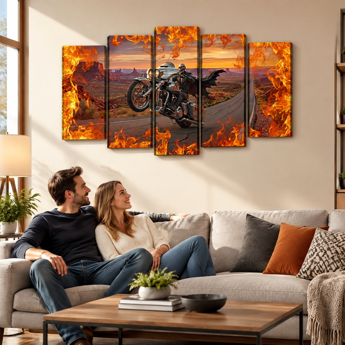 Skeleton Fire Bagger Chrome Motorcycle Tank, Saddlebags w/ Fire Split Canvas Panel Wall Art