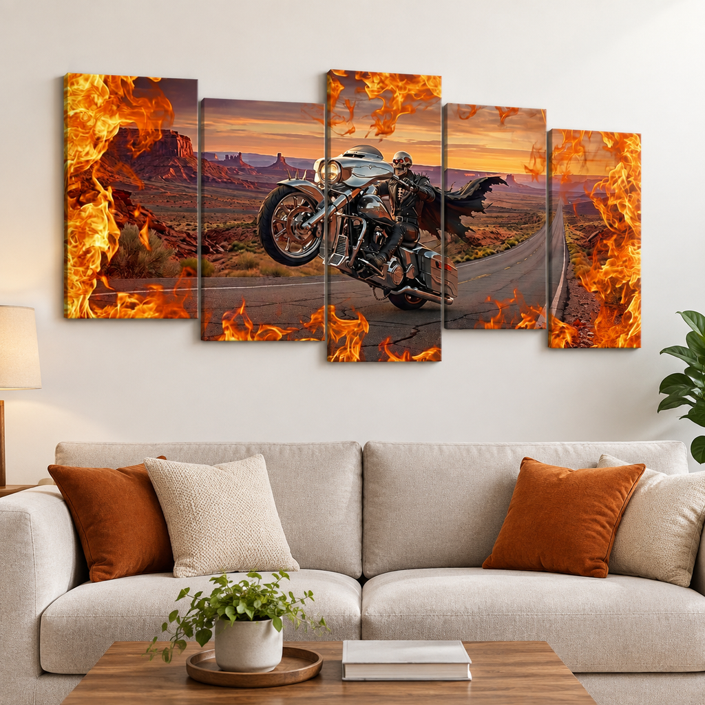 Skeleton Fire Bagger Chrome Motorcycle Tank, Saddlebags w/ Fire Split Canvas Panel Wall Art