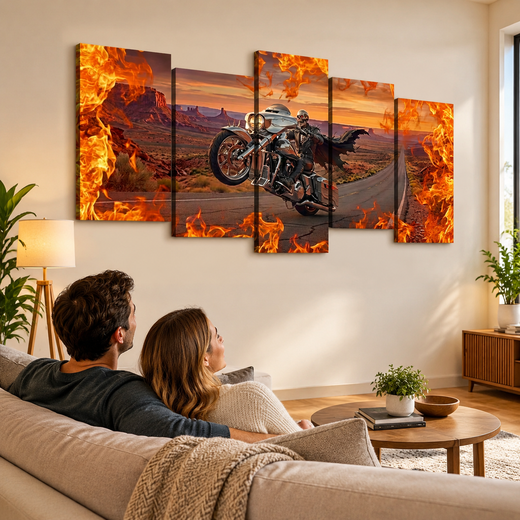 Skeleton Fire Bagger Chrome Motorcycle Tank, Saddlebags w/ Fire Split Canvas Panel Wall Art
