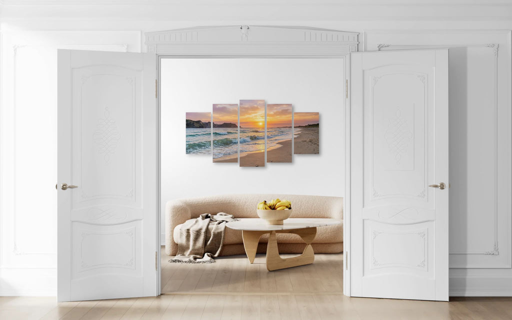 Modern living room with a large abstract wall art piece.