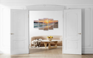Modern living room with a large abstract wall art piece.