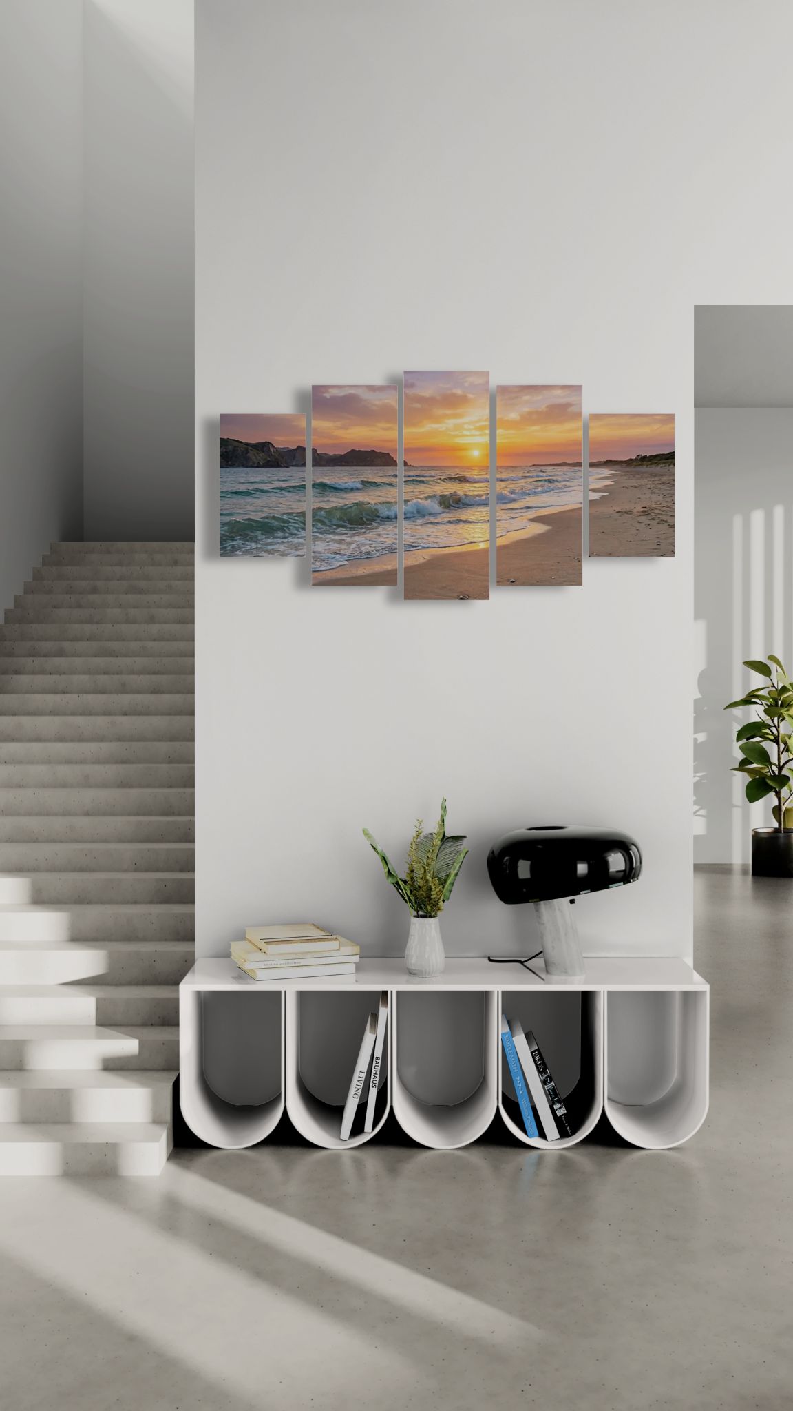 Modern interior with a wall art piece of a beach sunset and a white console table.