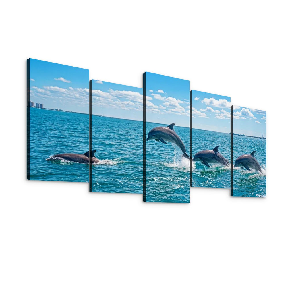 Dolphins Jumping, Breaching, Porpoising in the Gulf of Mexico Canvas Wall Art — Single & Multi-Panel Prints