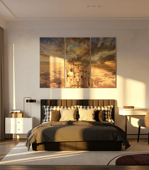 Modern bedroom with a large abstract painting on the wall