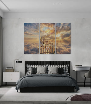 Modern bedroom with a large triptych artwork of people on clouds above a bed.
