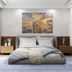 Modern bedroom with a large bed and wall art depicting people walking on clouds.