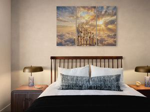 Bedroom with a large wall art piece depicting a staircase in the clouds above a bed.