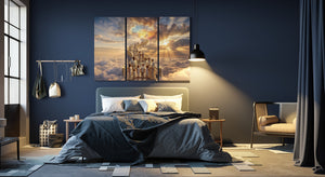Modern bedroom with dark blue walls, a bed with gray bedding, and wall art depicting a castle.