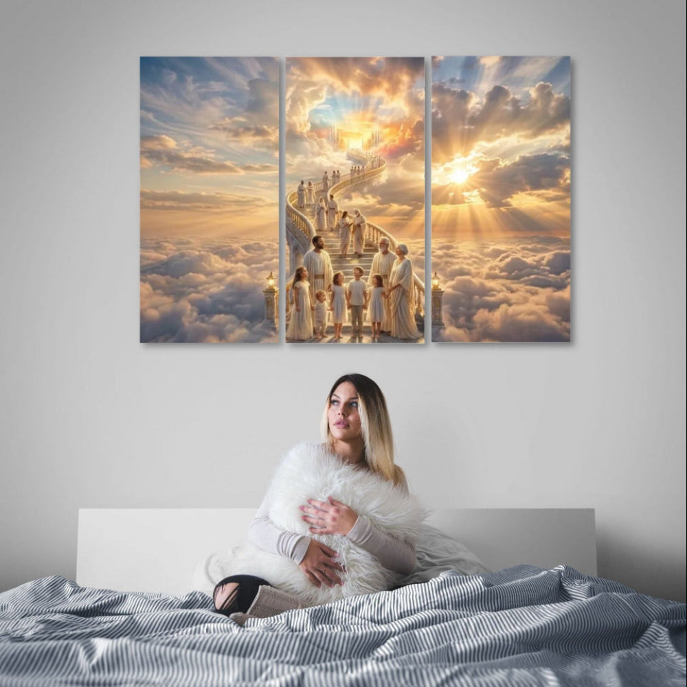 Woman sitting on a bed with a large triptych wall art of people walking on clouds above her.