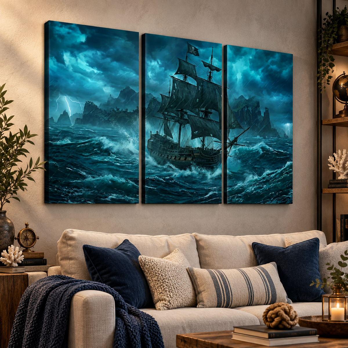 A three-panel canvas wall art set depicting a dramatic storm scene with a sailing ship on dark blue waves, displayed above a beige sofa in a styled living room.