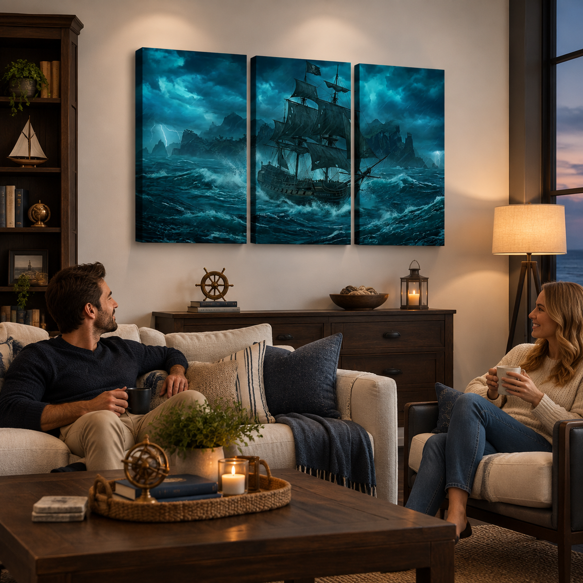A three-panel canvas wall art set depicting a dramatic navy and teal seascape with a sailing ship, displayed above a dark wood console in a cozy living room with two people seated on a sofa and armchair.
