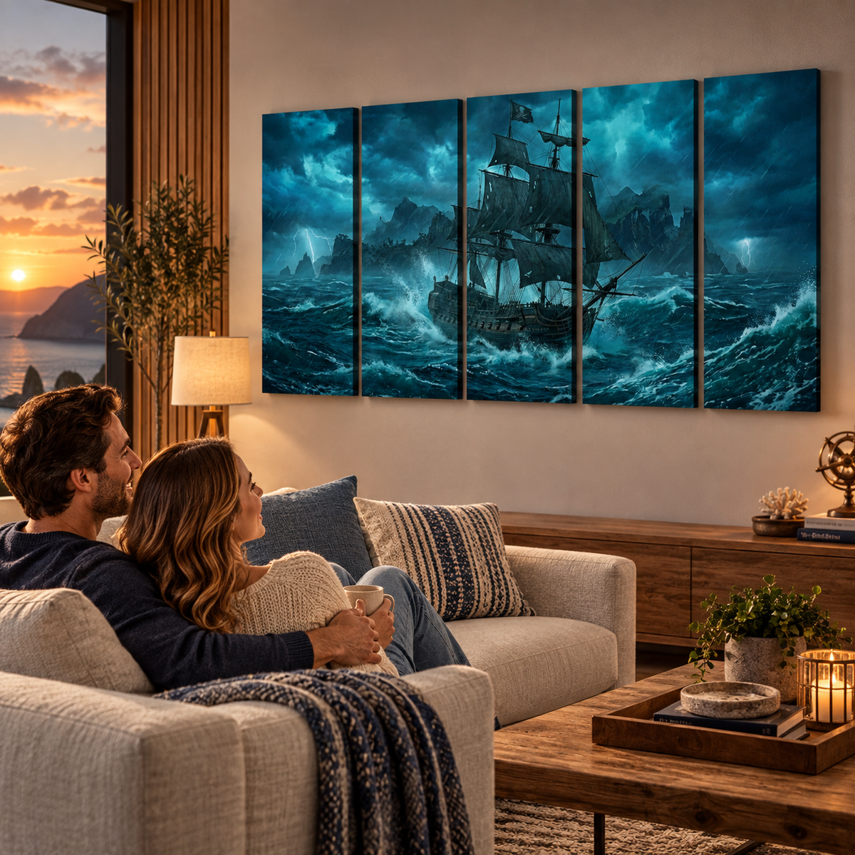 A couple sits on a beige sofa in a modern living room, looking at a large five-panel canvas wall art set depicting a dramatic storm scene with a sailing ship on dark blue waves.