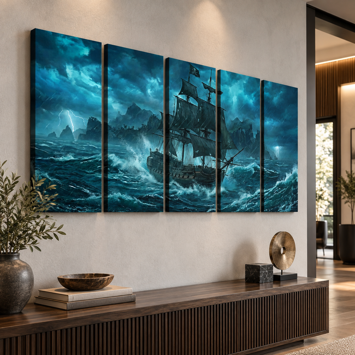 A five-panel canvas wall art set depicting a dramatic storm scene with a large sailing ship battling dark blue waves, displayed on a beige wall above a wooden console table in a modern interior setting.