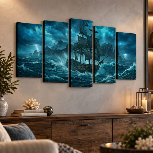 A five-panel canvas wall art set depicting a dramatic stormy seascape with a large sailing ship battling dark blue waves, displayed above a wooden console in a warmly lit living room.