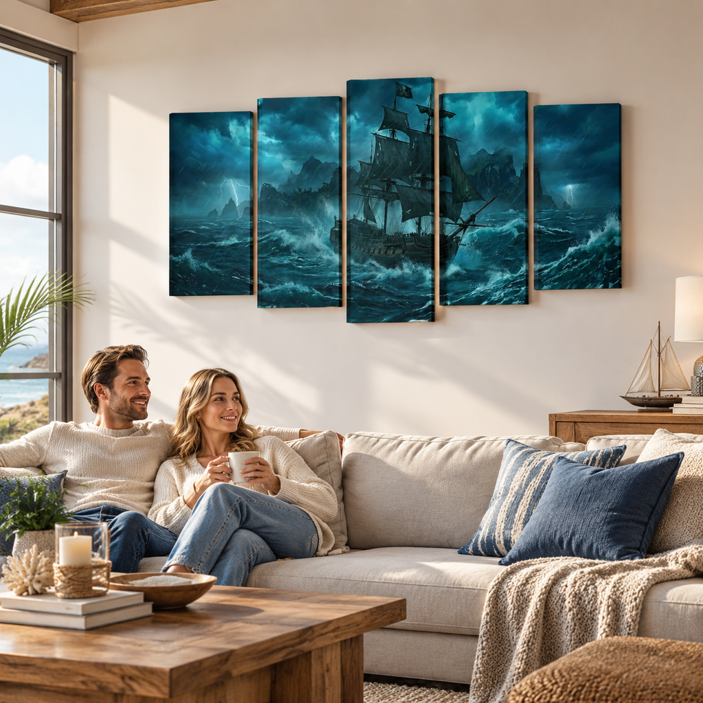 A five-panel canvas wall art set depicting a dramatic dark blue stormy seascape with a sailing ship, displayed above a beige sofa in a modern living room with a couple sitting underneath.