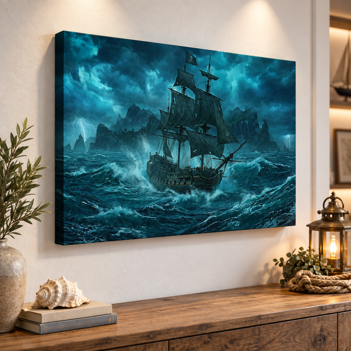 A large rectangular canvas wall art print showing a dark sailing ship battling rough blue waves under a stormy sky, displayed on a beige wall above a wooden console table with decorative props.
