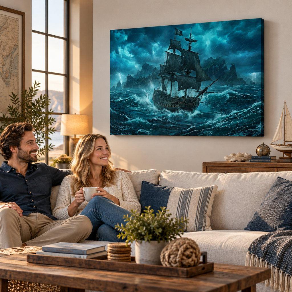 1, 3, 5 Panel Canvas Panel Wall Art Decor Stormy Seas Pirate Ship at Sea