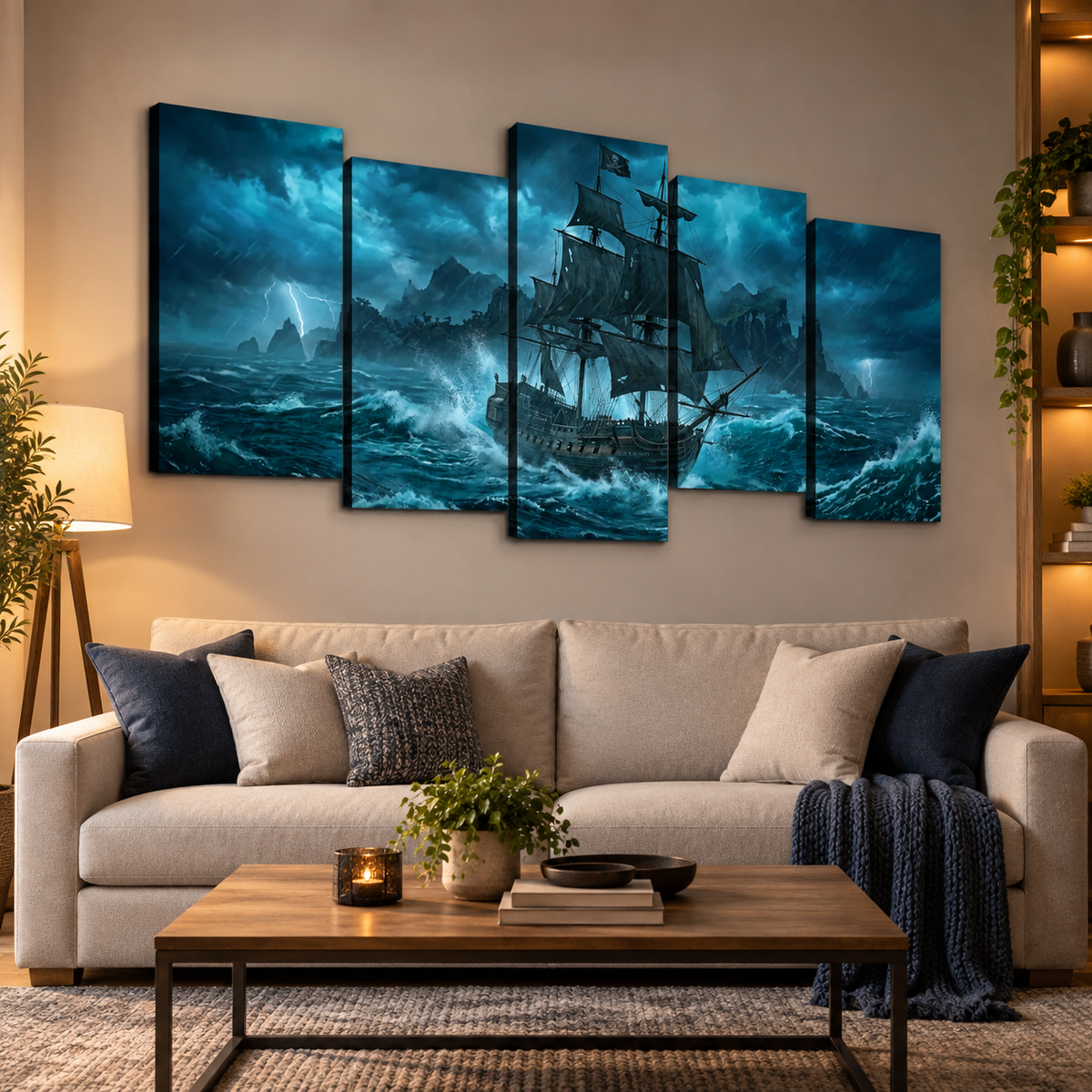 A 5-panel canvas wall art set depicting a dramatic dark blue seascape with a large sailing ship and stormy mountains, displayed above a beige sofa in a modern living room setting.