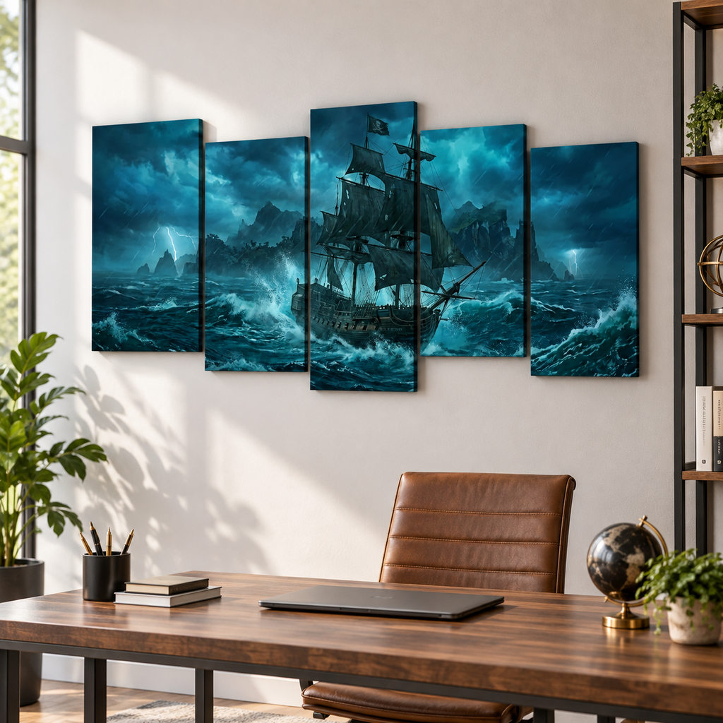 A 5-panel canvas wall art set depicting a dramatic dark blue storm scene with a sailing ship, displayed above a wooden desk in a modern office setting.