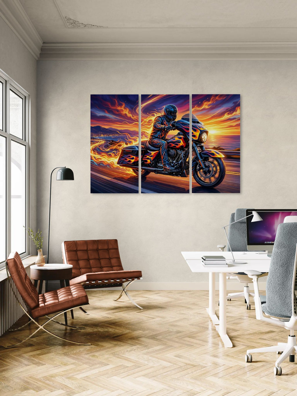 Modern office with a large wall art of a Harley-Davidson Street Glide motorcycle rider on fire, featuring a desk and chair.