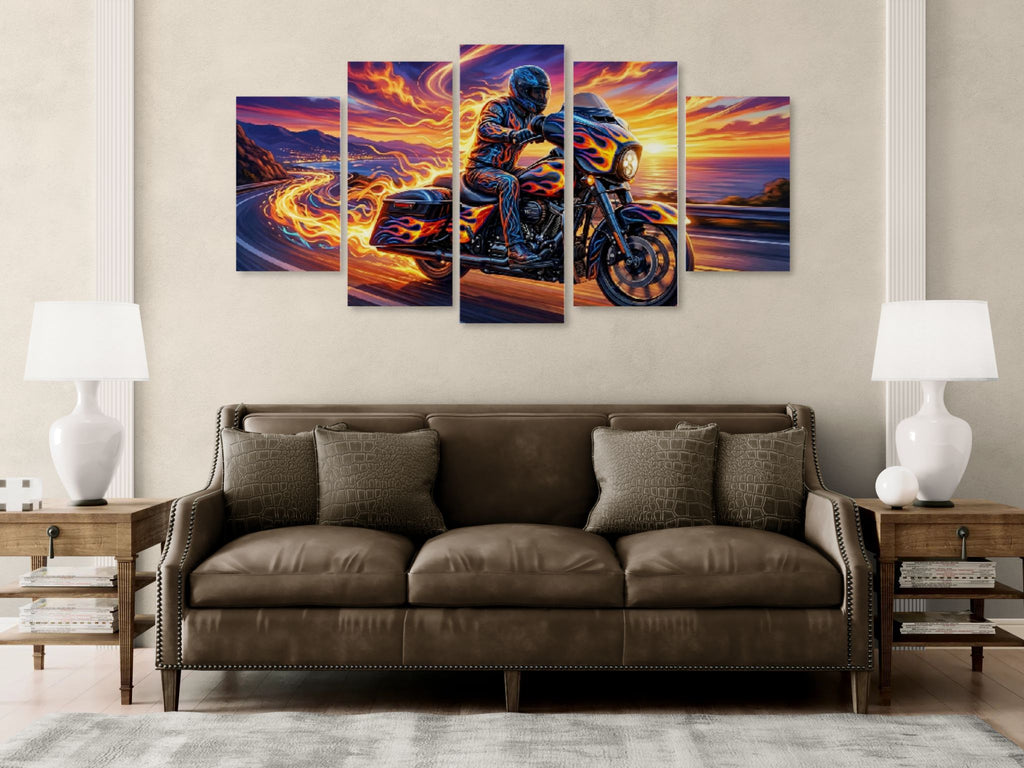 Five-panel wall art of a Harley-Davidson Street Glide motorcycle rider on a sunset background above a brown sofa.