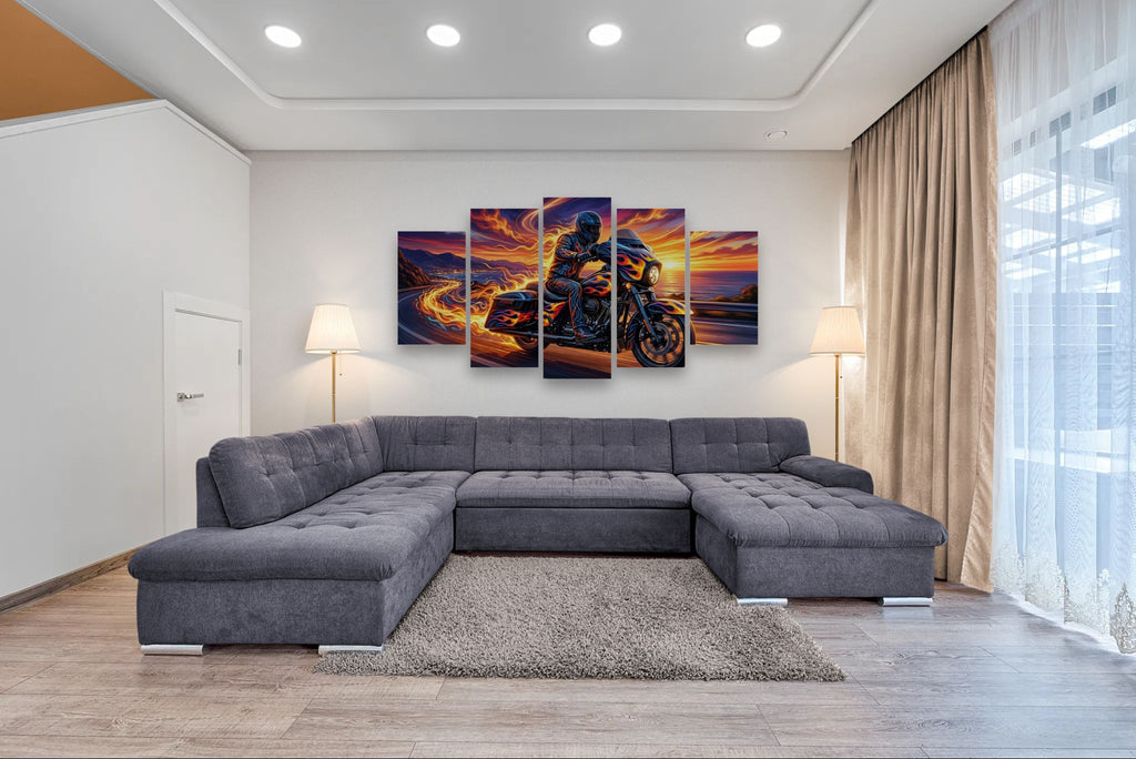 Gray sectional sofa in a living room with a Harley-Davidson Street Glide motorcycle painting on the wall.