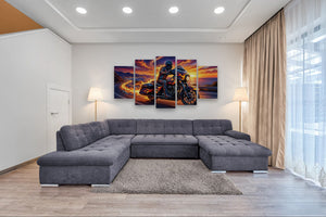 Gray sectional sofa in a living room with a Harley-Davidson Street Glide motorcycle painting on the wall.