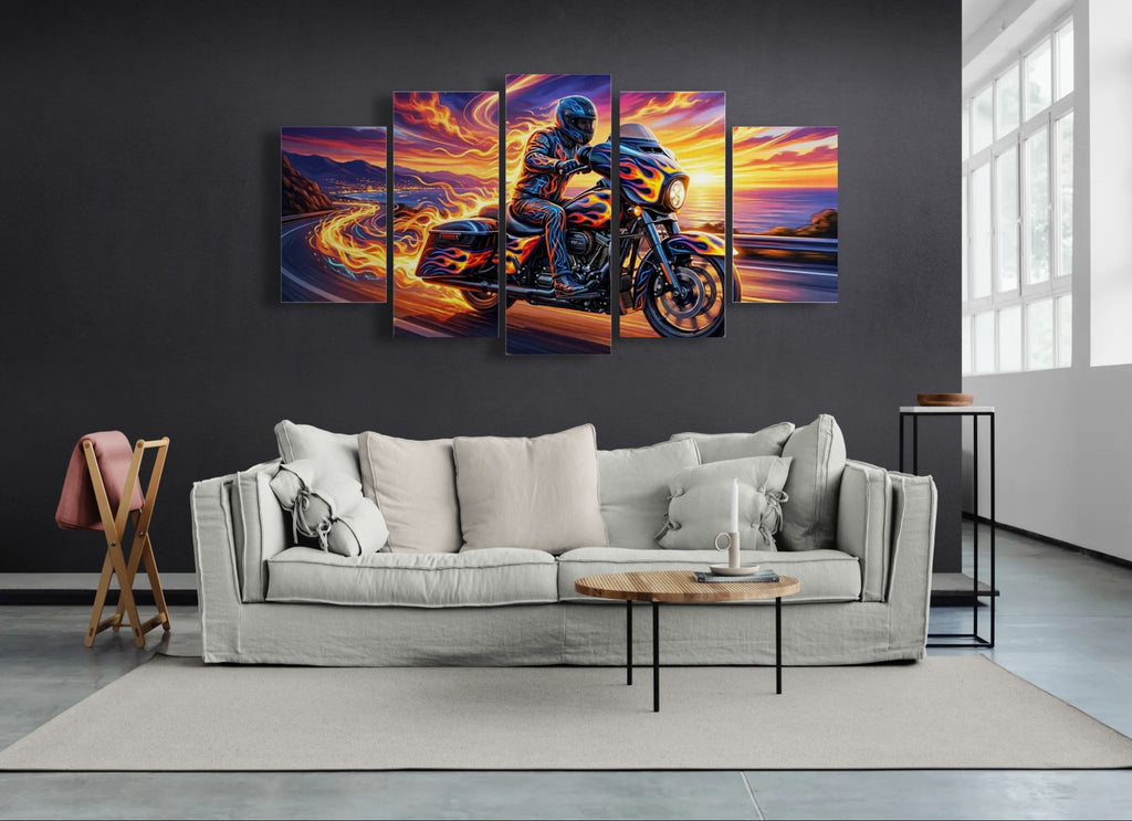Five-panel wall art of a Harley-Davidson Street Glide motorcycle rider on a sunset road scene above a sofa.