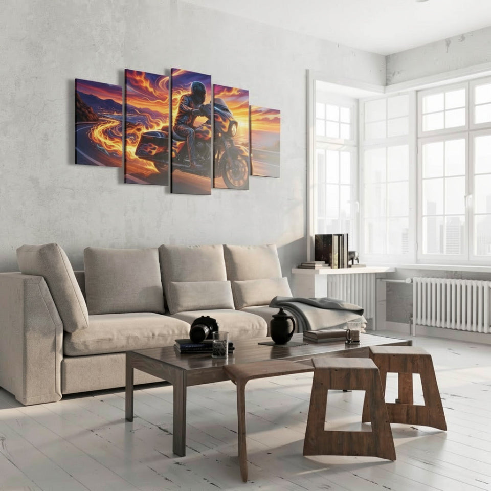 Modern living room with a large sectional sofa, coffee table, and wall art of a Harley-Davidson Street Glide motorcycle rider.
