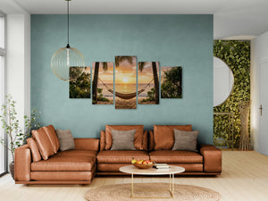 Modern living room with a brown sectional sofa, decorative wall art, and a small table.