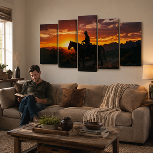 Cowboy at Sunset Canvas Wall Art – Western Horseback Rider | 1, 3 & 5 Panel Staggered Western Print