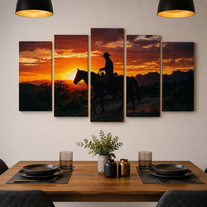 Cowboy at Sunset Canvas Wall Art – Western Horseback Rider | 1, 3 & 5 Panel Staggered Western Print