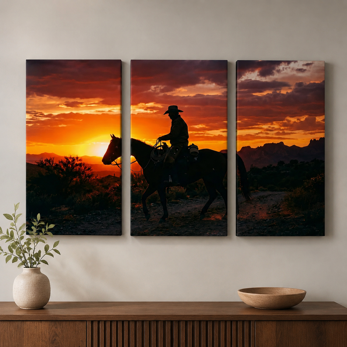 Cowboy at Sunset Canvas Wall Art – Western Horseback Rider | 1, 3 & 5 Panel Staggered Western Print
