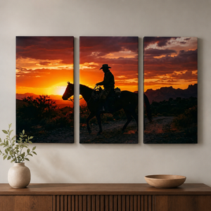 Cowboy at Sunset Canvas Wall Art – Western Horseback Rider | 1, 3 & 5 Panel Staggered Western Print