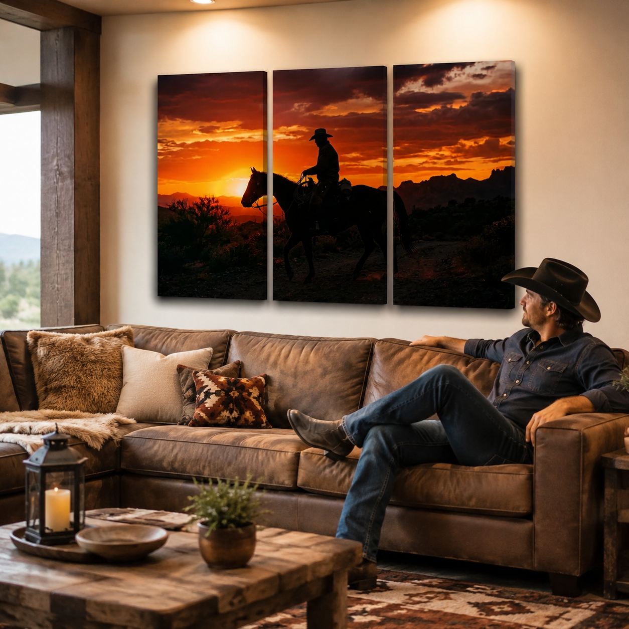 Cowboy at Sunset Canvas Wall Art – Western Horseback Rider | 1, 3 & 5 Panel Staggered Western Print