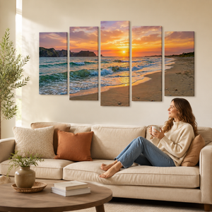 Golden Hour Surf Canvas Wall Art – Beach Sunset Waves | 1, 3 & 5 Panel Coastal Print