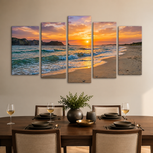 Golden Hour Surf Canvas Wall Art – Beach Sunset Waves | 1, 3 & 5 Panel Coastal Print