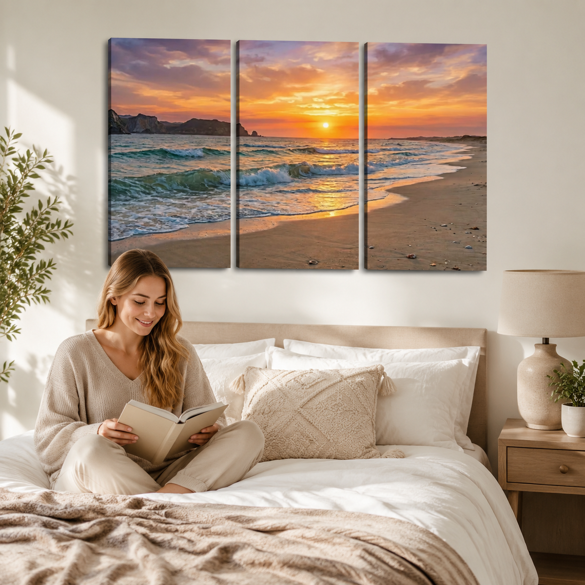 Golden Hour Surf Canvas Wall Art – Beach Sunset Waves | 1, 3 & 5 Panel Coastal Print