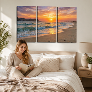 Golden Hour Surf Canvas Wall Art – Beach Sunset Waves | 1, 3 & 5 Panel Coastal Print