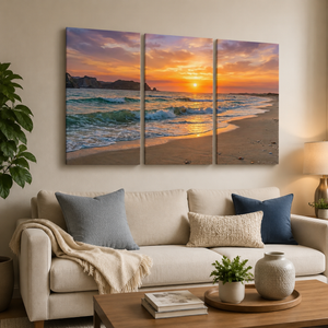 Golden Hour Surf Canvas Wall Art – Beach Sunset Waves | 1, 3 & 5 Panel Coastal Print