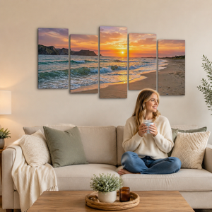 Golden Hour Surf Canvas Wall Art – Beach Sunset Waves | 1, 3 & 5 Panel Coastal Print
