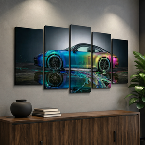 Porsche 911 Dripping Paint Canvas Wall Art – Chromatic Velocity | 1, 3 & 5 Panel Garage Print