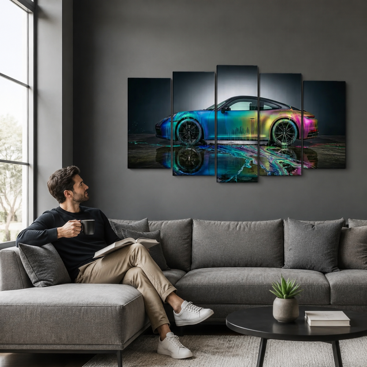 Porsche 911 Dripping Paint Canvas Wall Art – Chromatic Velocity | 1, 3 & 5 Panel Garage Print