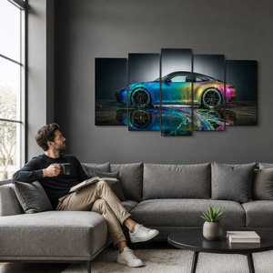 Porsche 911 Dripping Paint Canvas Wall Art – Chromatic Velocity | 1, 3 & 5 Panel Garage Print