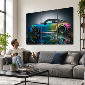 Porsche 911 Dripping Paint Canvas Wall Art – Chromatic Velocity | 1, 3 & 5 Panel Garage Print