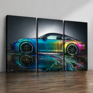 Porsche 911 Dripping Paint Canvas Wall Art – Chromatic Velocity | 1, 3 & 5 Panel Garage Print