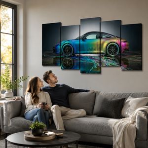 Porsche 911 Dripping Paint Canvas Wall Art – Chromatic Velocity | 1, 3 & 5 Panel Garage Print