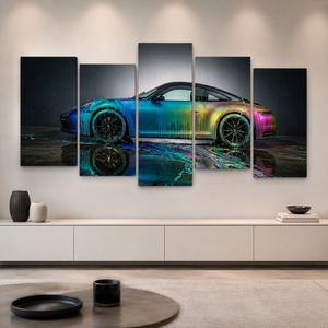 Porsche 911 Dripping Paint Canvas Wall Art – Chromatic Velocity | 1, 3 & 5 Panel Garage Print
