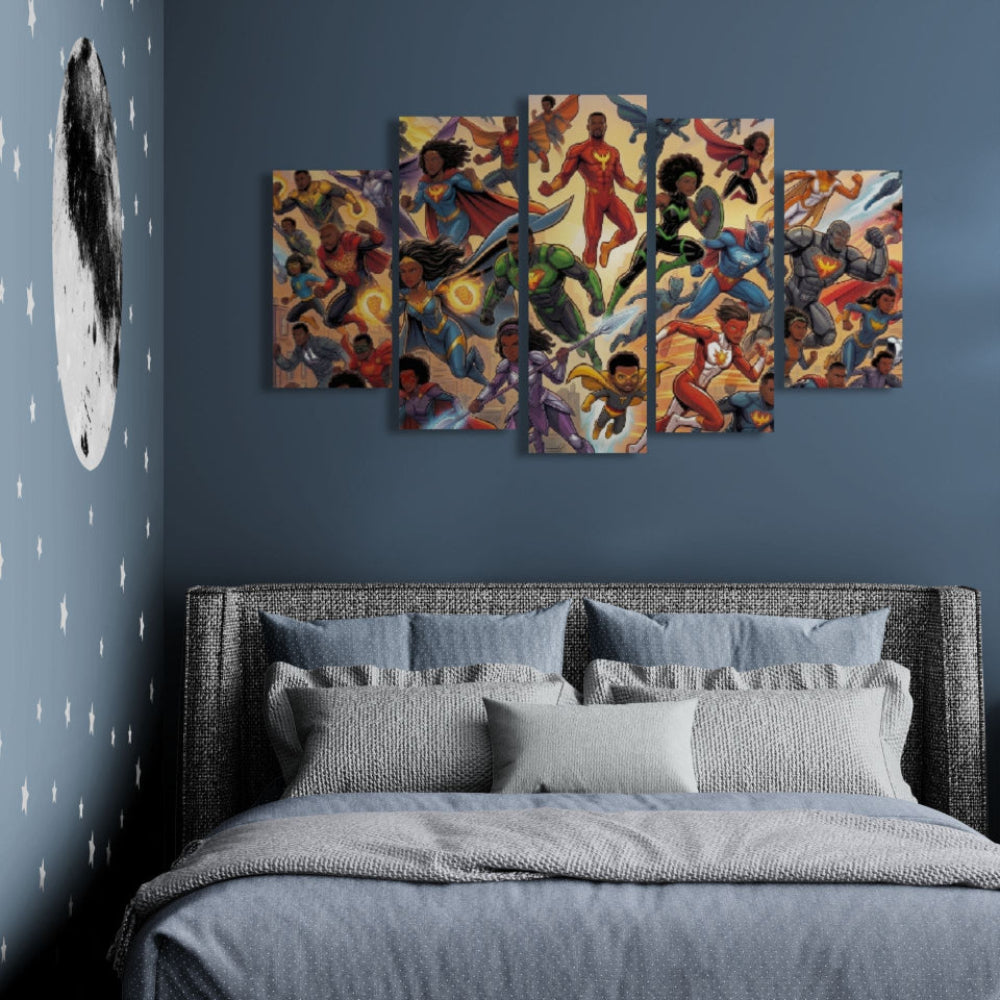 Bedroom with superhero-themed wall art above a bed