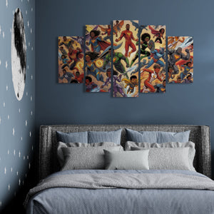 Bedroom with superhero-themed wall art above a bed